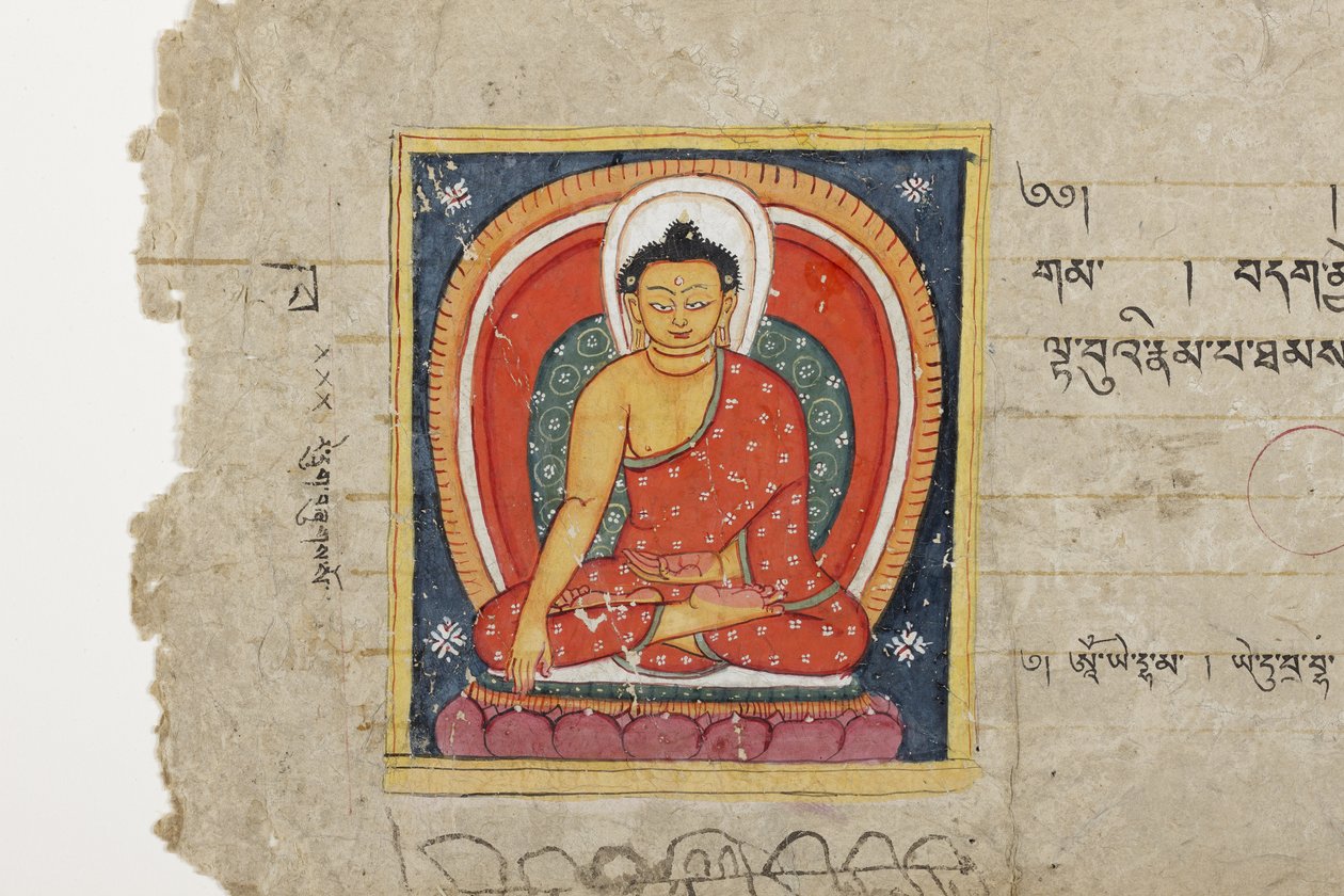 Side fra et buddhistisk manuskript, muligvis fra Mahashitalanika, ca. 1400 (ugennemsigtig akvarel og blæk på papir) af Nepalese School