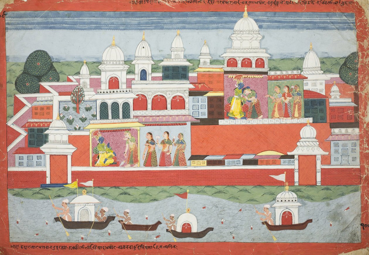 Rukmini søger Krishnas tilladelse til at besøge sin bror Rukma, side fra et manuskript af Bhagavata Purana, ca. 1775 af Nepalese School