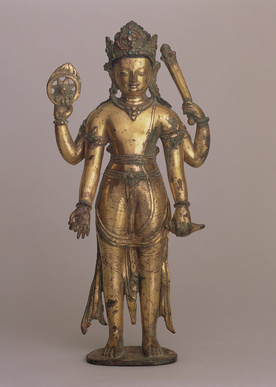 Statuette af den hinduistiske gud Vishnu, ca. 1200 (højkobber bronze, indskåret, forgyldt, prydet med ædelstene og malet) af Nepalese School