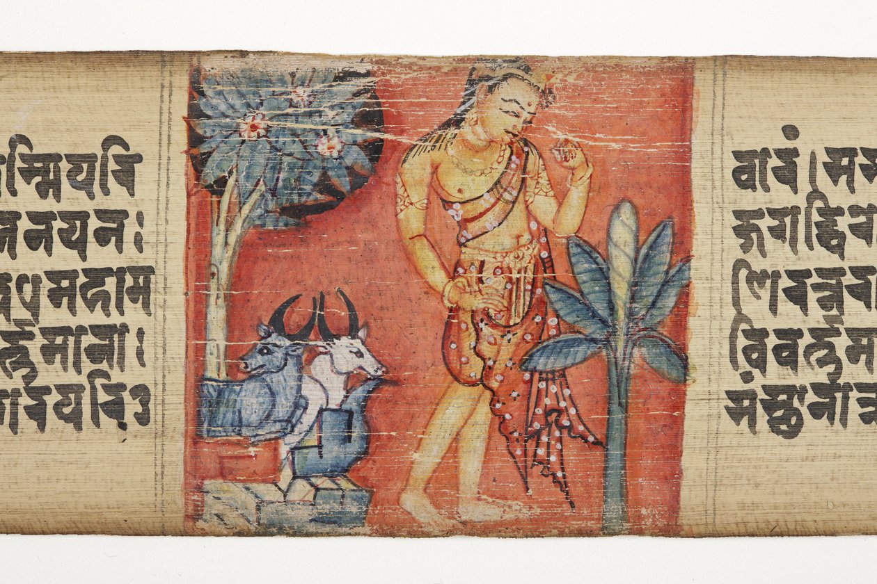 Sudhana rejser gennem et klippelandskab med to tyre, fra Gandavyuha (ugennemsigtigt toilet og blæk på palmeblad) af Nepalese School