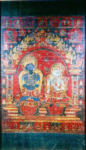 Thangka-maleri, der forestiller Adibuddha Vajradhara (gouache på silke) af Nepalese School