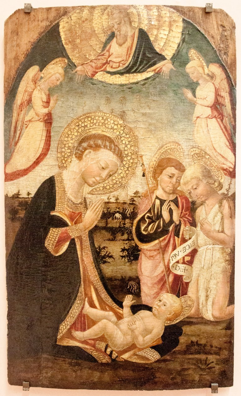Tilbedelse af barnet med jomfruen, San Giovannino, San Jacopo Maggiore, engle og Gud Faderen af Neri di Bicci