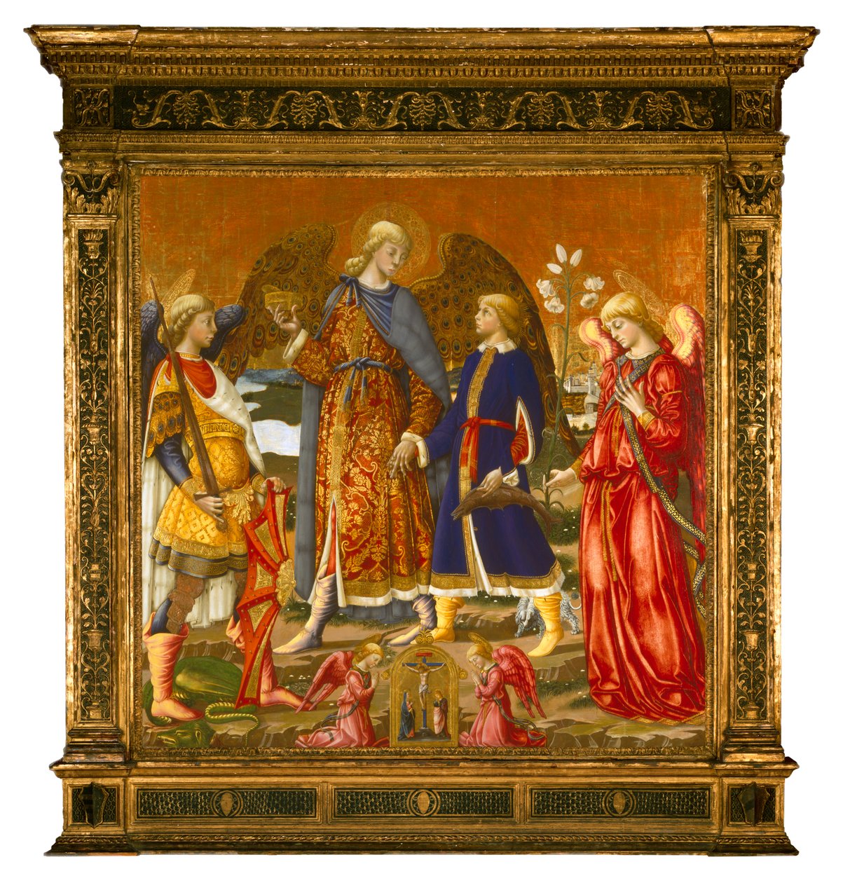 Tobias and Three Archangels, 1471 (tempera, olie, guld og sølv på panel) af Neri di Bicci