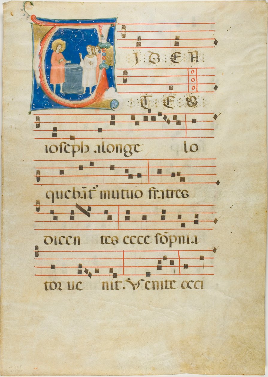 Joseph og hans brødre ved brønden, indledende V fra et antifonarium af Neri da Rimini