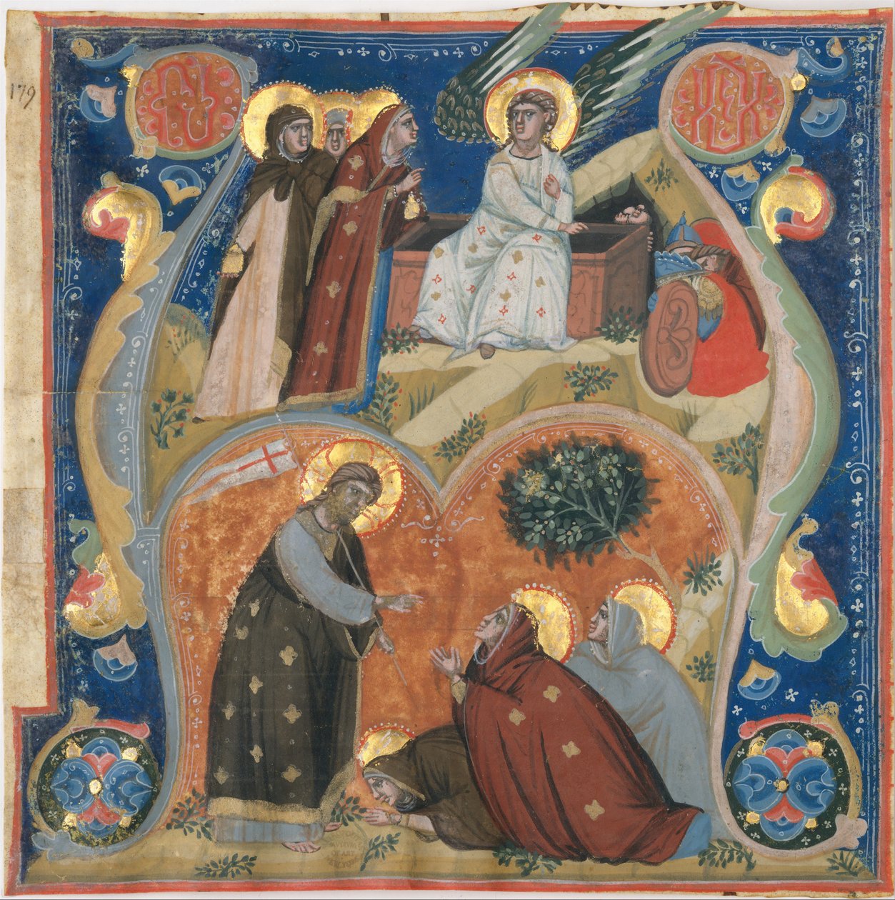 Manuskriptbelysning med påskescener i et begyndelsesbogstav A, fra et antifonarium, italiensk, ca. 132 af Neri da Rimini