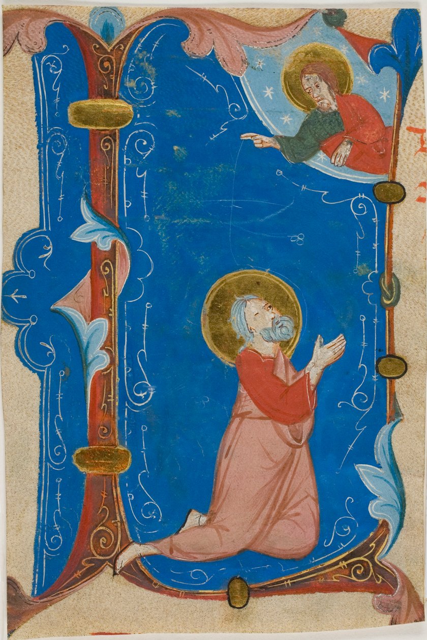 Bedende hellig (Moses?) med Kristus i en historisk initial "L", fra en korbog af Neri da Rimini