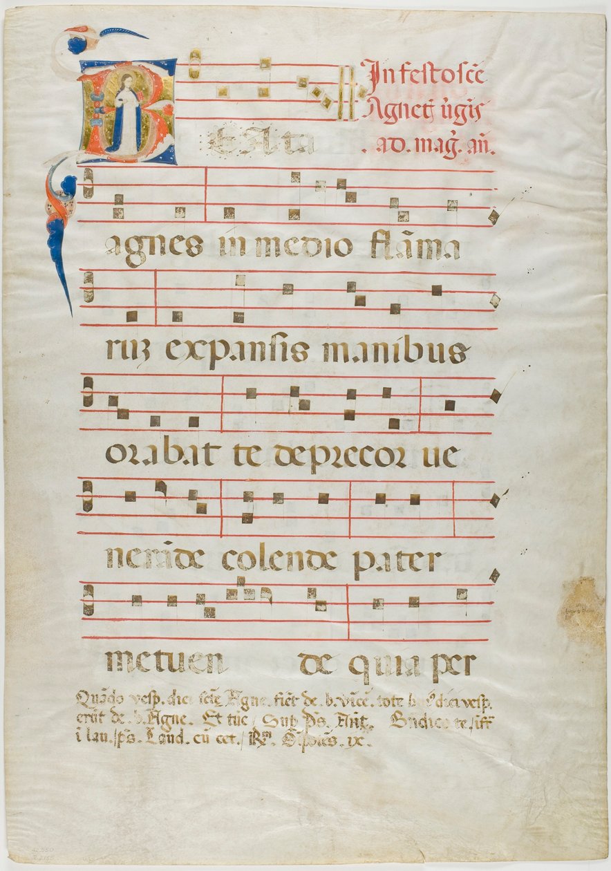 Sankt Agnes i et historisk initial "V" fra et antifonarium af Neri da Rimini