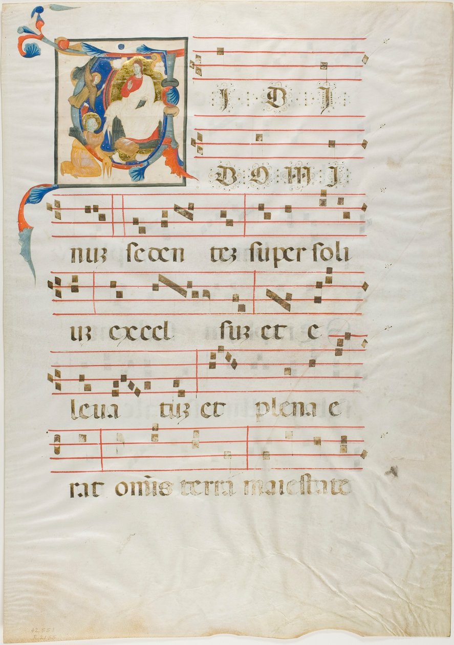 Sankt knælende foran Gud på tronen i et historisk indledende "V" fra et antifonarium af Neri da Rimini