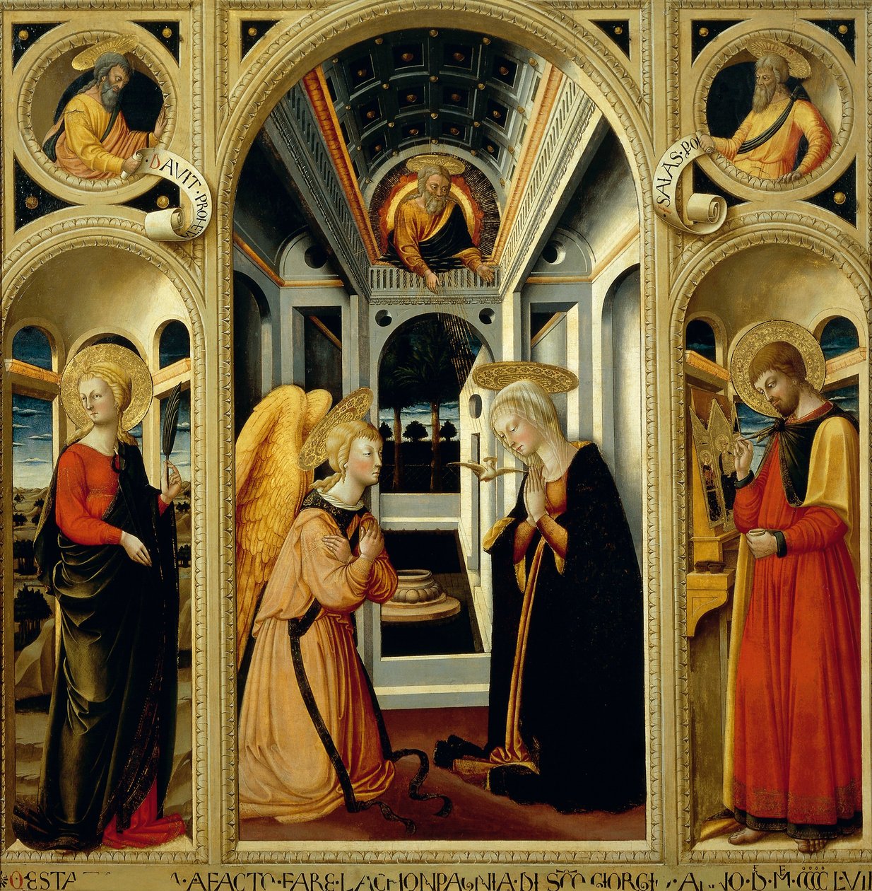Bebudelse, der viser Skt. Apollonia, Skt. Lukas og profeterne David og Esajas, af Neri di Bicci (1418-1492) af Neri di Bicci