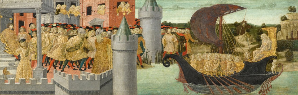 Cleopatras besøg hos Antony, ca. 1475-1480 (tempera, guld og sølv bly på panel) af Neroccio di Landi