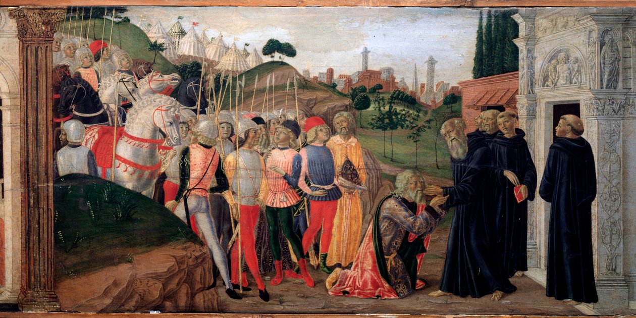 Totila, østgoternes konge på besøg hos Benedikt af Nursia - Detalje af Predelle, ca. 1470 af Neroccio di  Landi