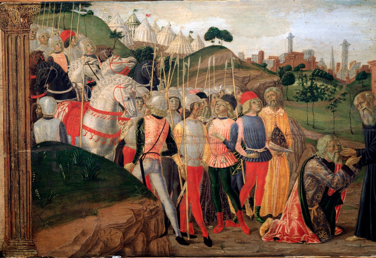 Totila, østgoternes konge på besøg hos Benedikt af Nursia - Detalje af Predelle, ca. 1470 af Neroccio di  Landi