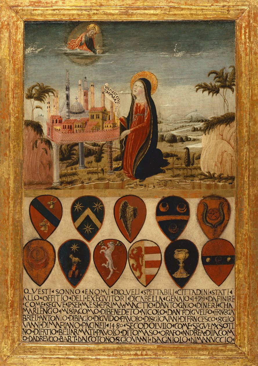 Jomfru Maria overlader byen Siena til Jesus af Neroccio di (1447-1500) Landi
