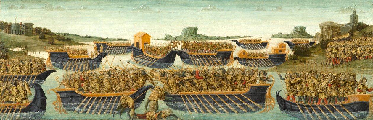Slaget ved Actium, ca. 1475-1480 (tempera og bladguld på panel) af Neroccio di Landi