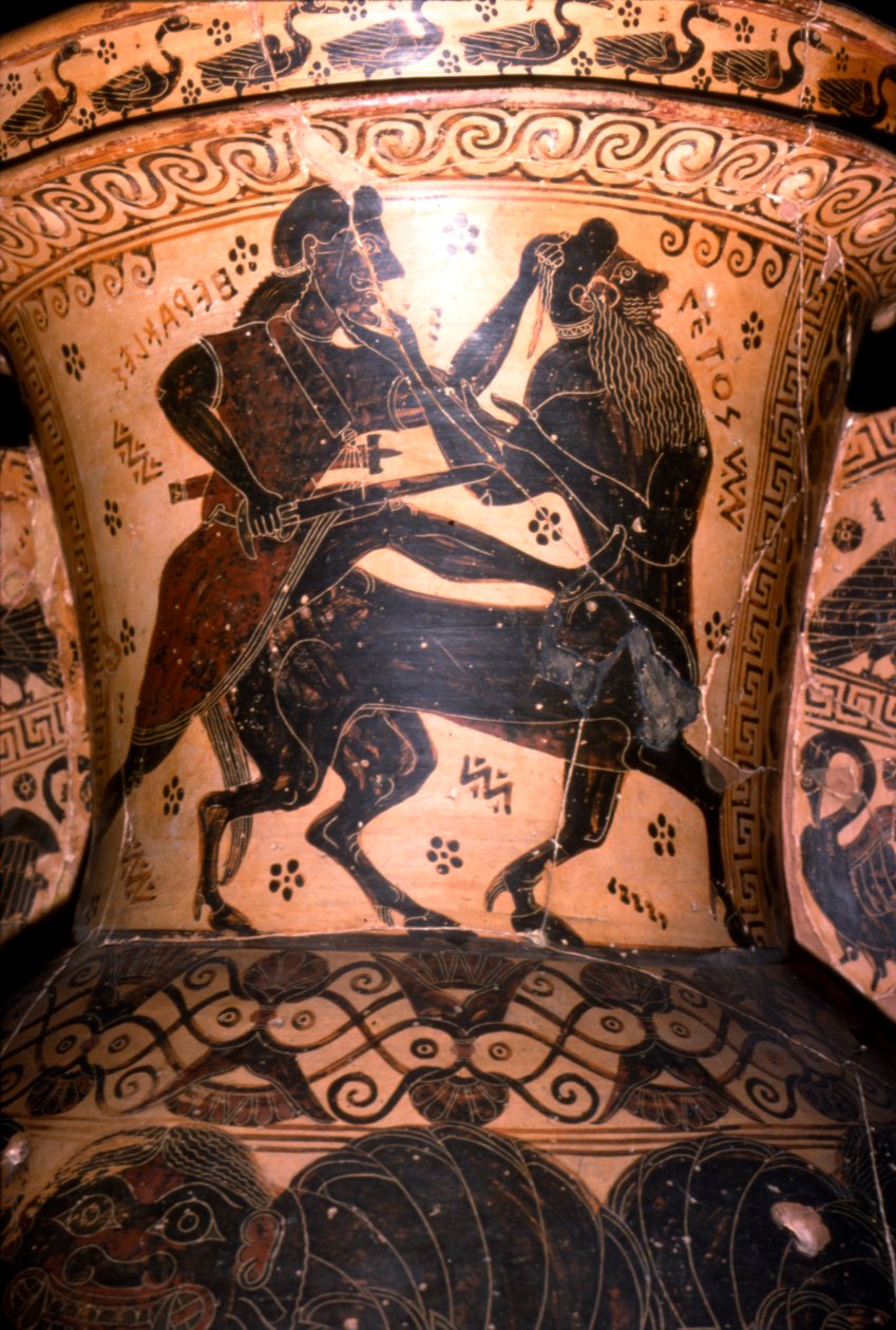 Hercules and the Centaur Setos, Detalje af græsk potte, korinthisk, c7. århundrede f.Kr. af Nessos Painter