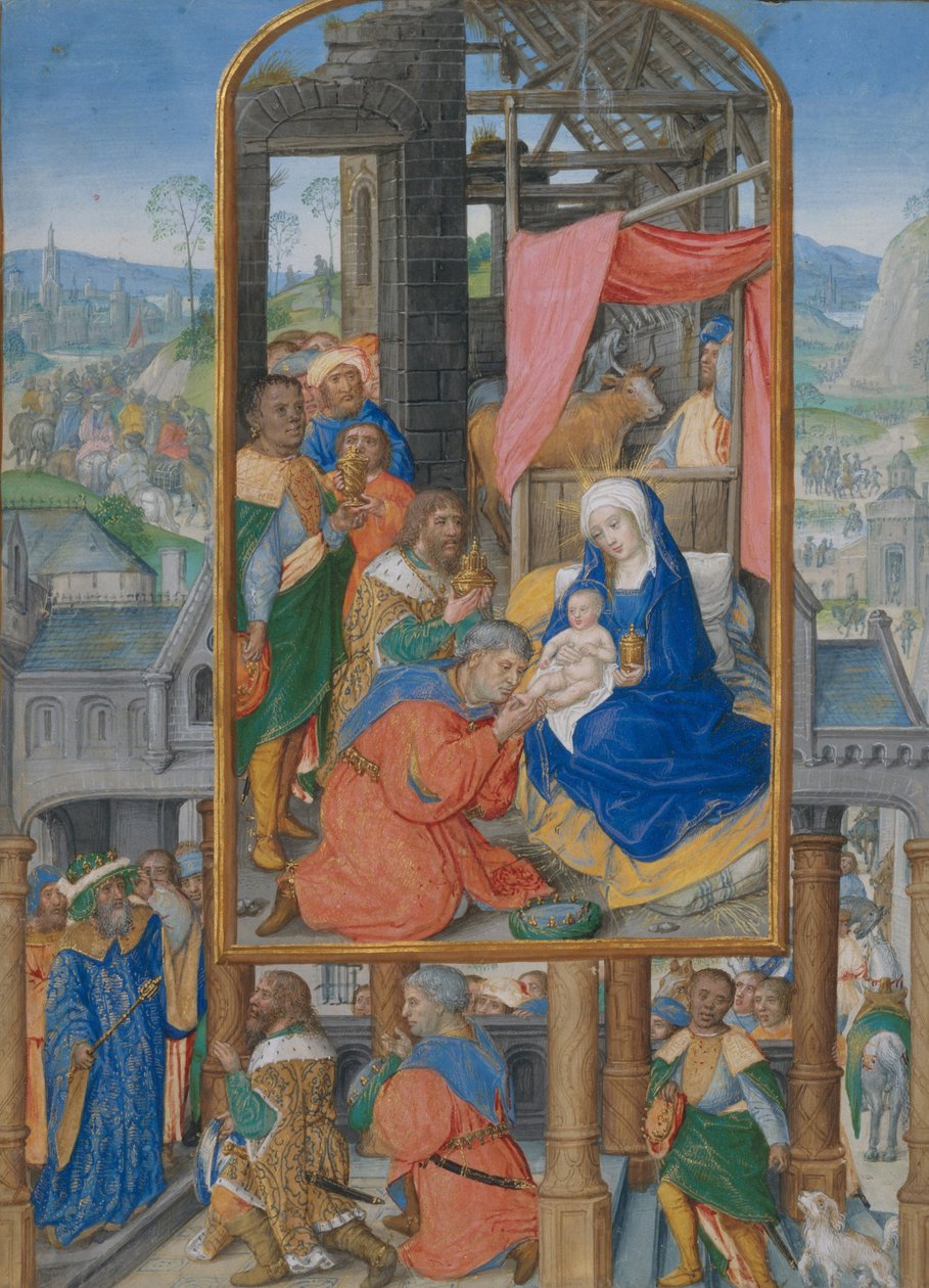 Manuskriptbelysning med tilbedelse af Magi, ca. 1515-25 (tempera, blæk og guld på pergament) af Netherlandish School