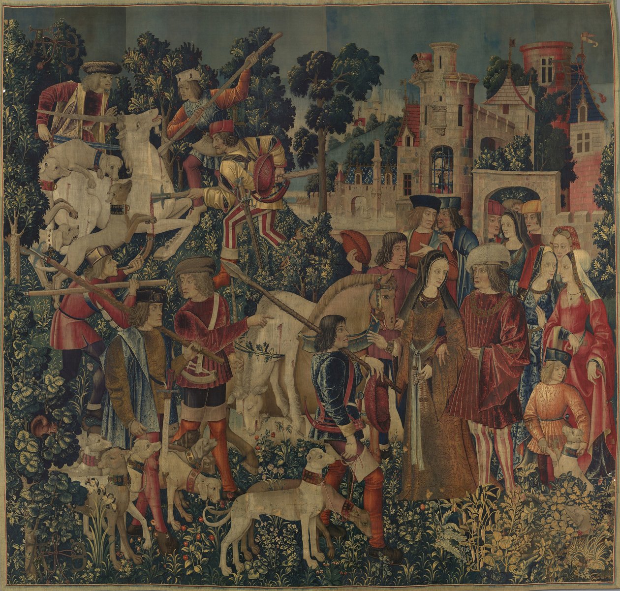 Enhjørningen bliver dræbt og bragt til slottet, ca. 1500 (uldkæde med uld, silke, sølv og forgyldte skud) af Netherlandish School