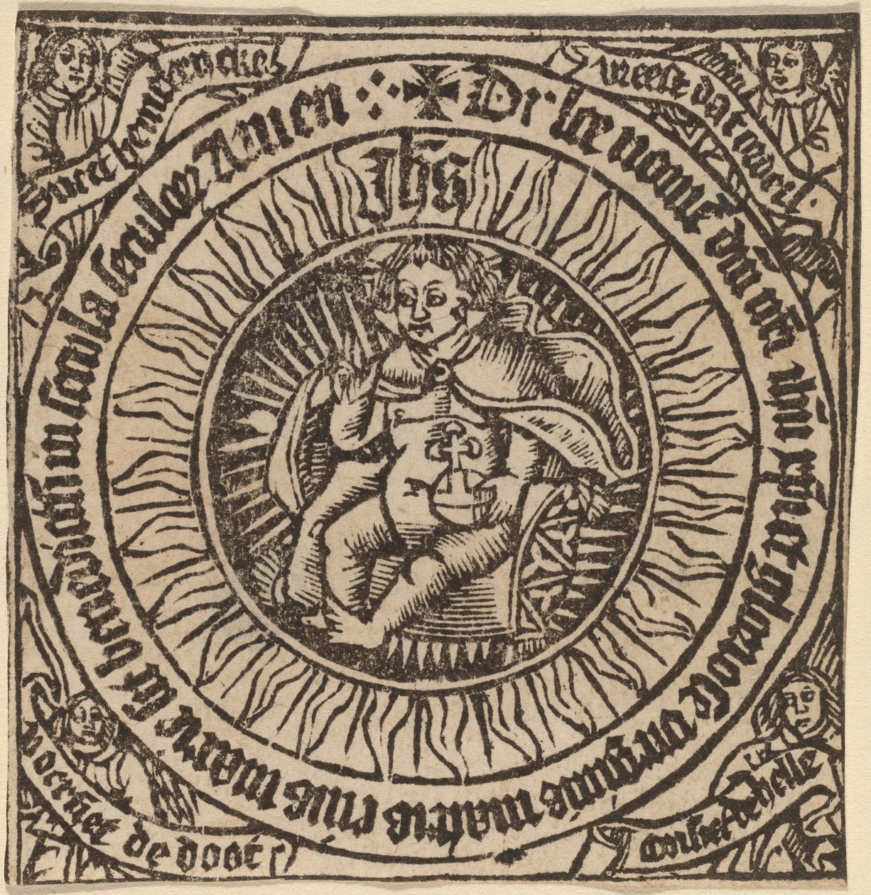 Guddommeligt spædbarn med kloden i en cirkel med fire engle af Netherlandish 15th Century
