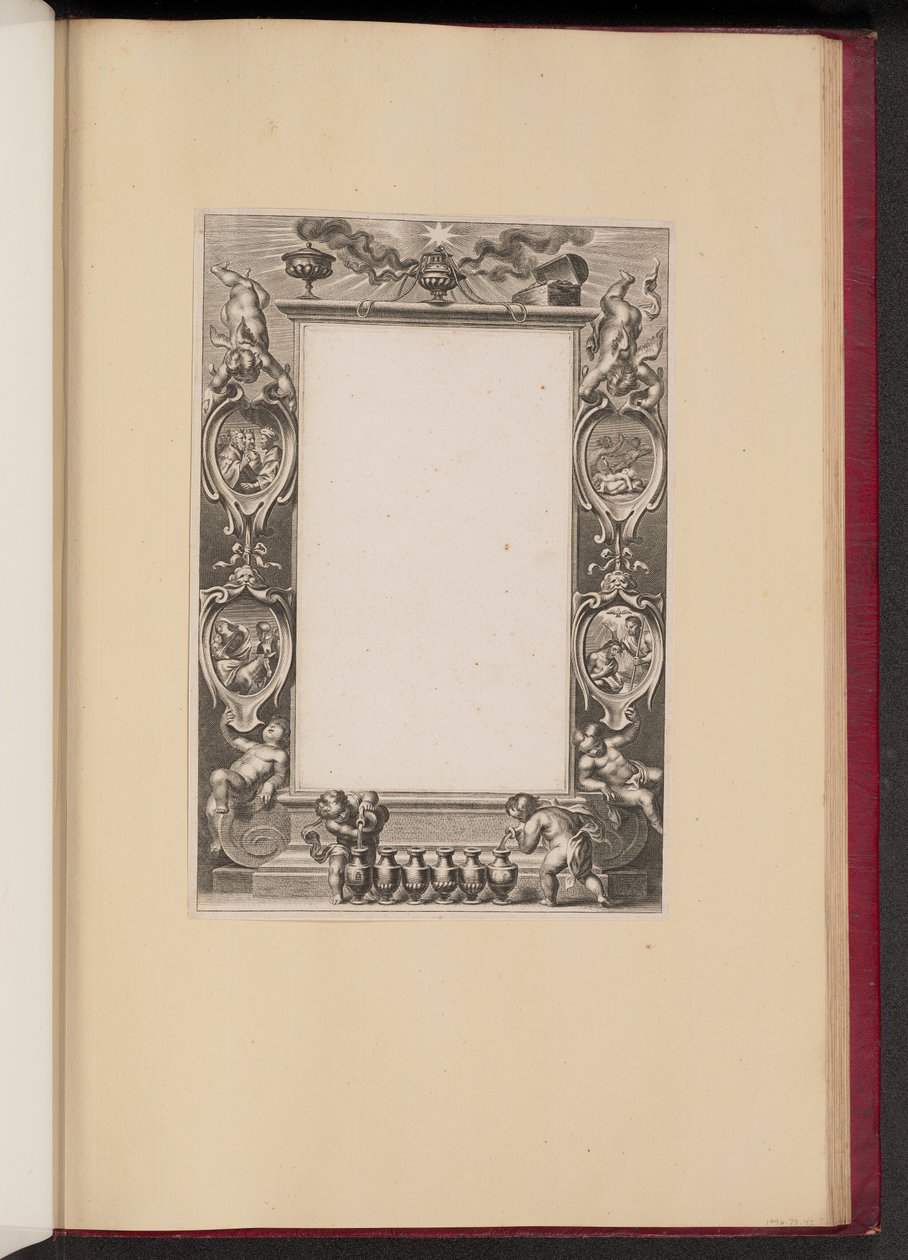Borderillustration med scener fra Kristi liv og Putti, der hælder vin af Netherlandish 17th Century