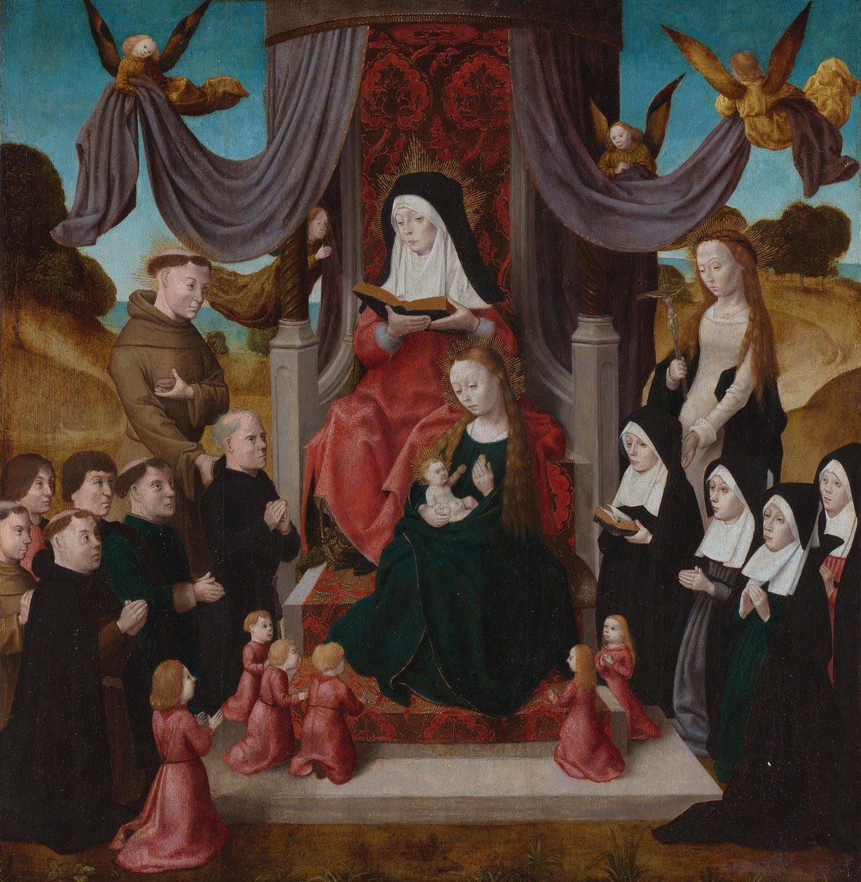 Jomfruen og barnet med den hellige Anne Anna Selbdritt, de hellige Francis, Lidwina og donorer, ca. 1490-1 af Netherlandish Master
