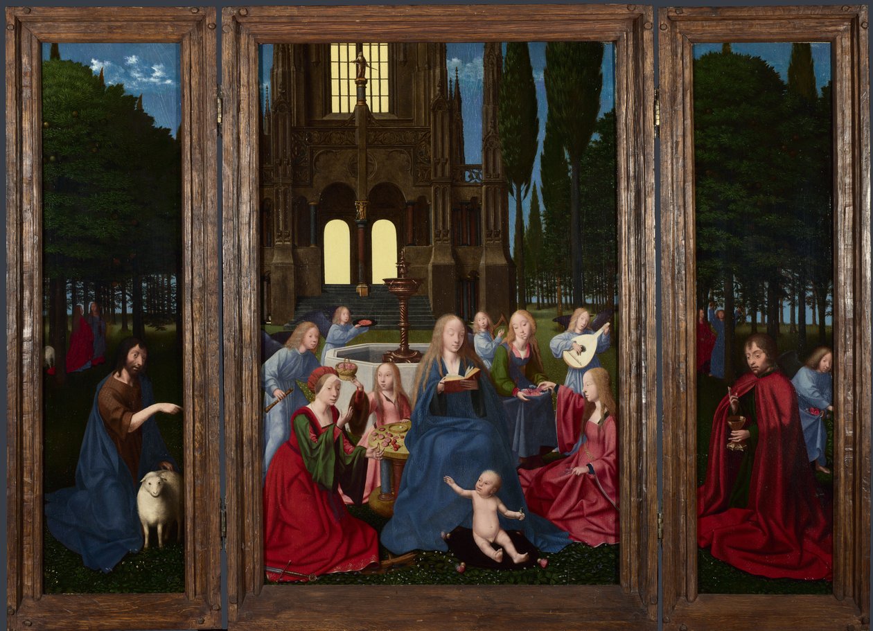 Jomfruen og barnet med hellige og engle i en have, ca. 1500 af Netherlandish Master
