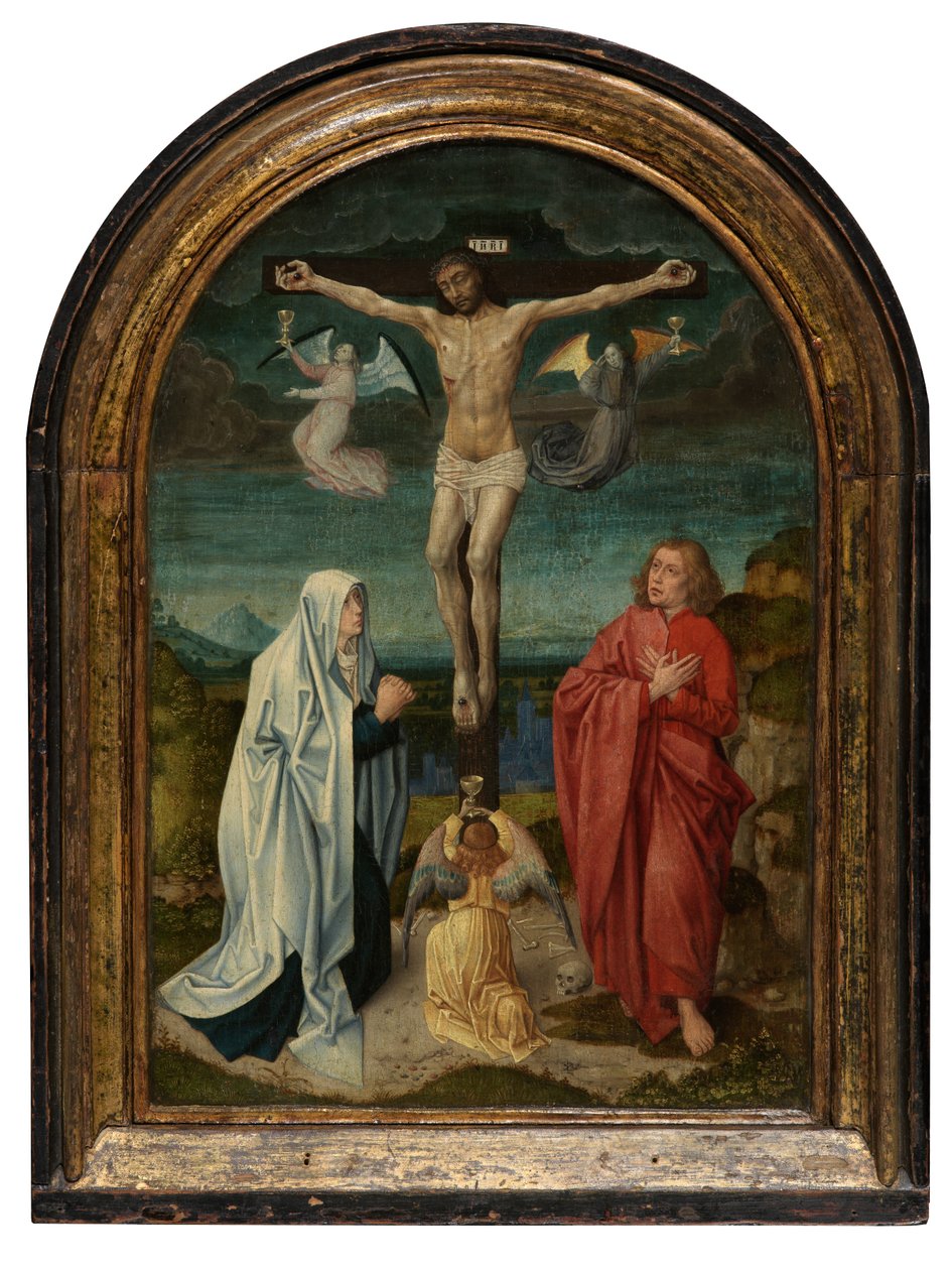 Golgata: Kristus på korset mellem den hellige jomfru og Johannes (olie på panel) af Netherlandish School