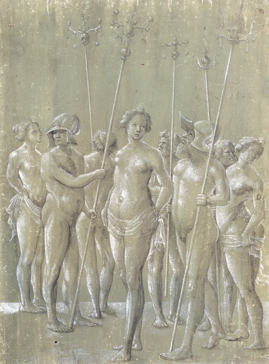Fem nøgne soldater med pæle, to iført hjelm og tre nøgne kvinder, 1522 af Netherlandish School