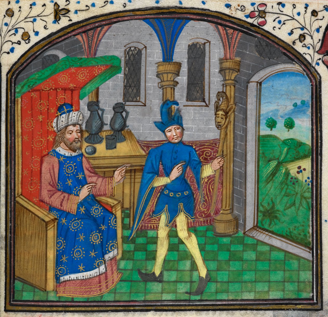 Harley 3000, f.189 Et fjols med sin herre, fra en timebog af Mildmay Master, ca. 1460-70 (vellum) af Netherlandish School