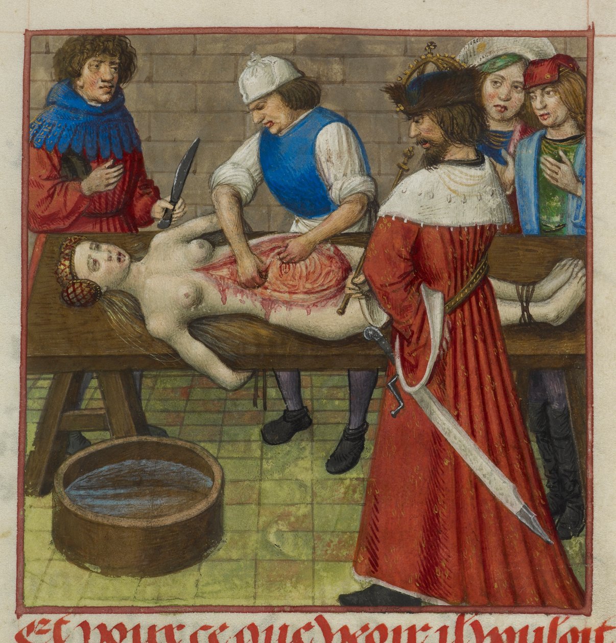 Harley 4425 f.59 Nero ser på, mens hans mor Agrippina bliver dissekeret, illustration fra 