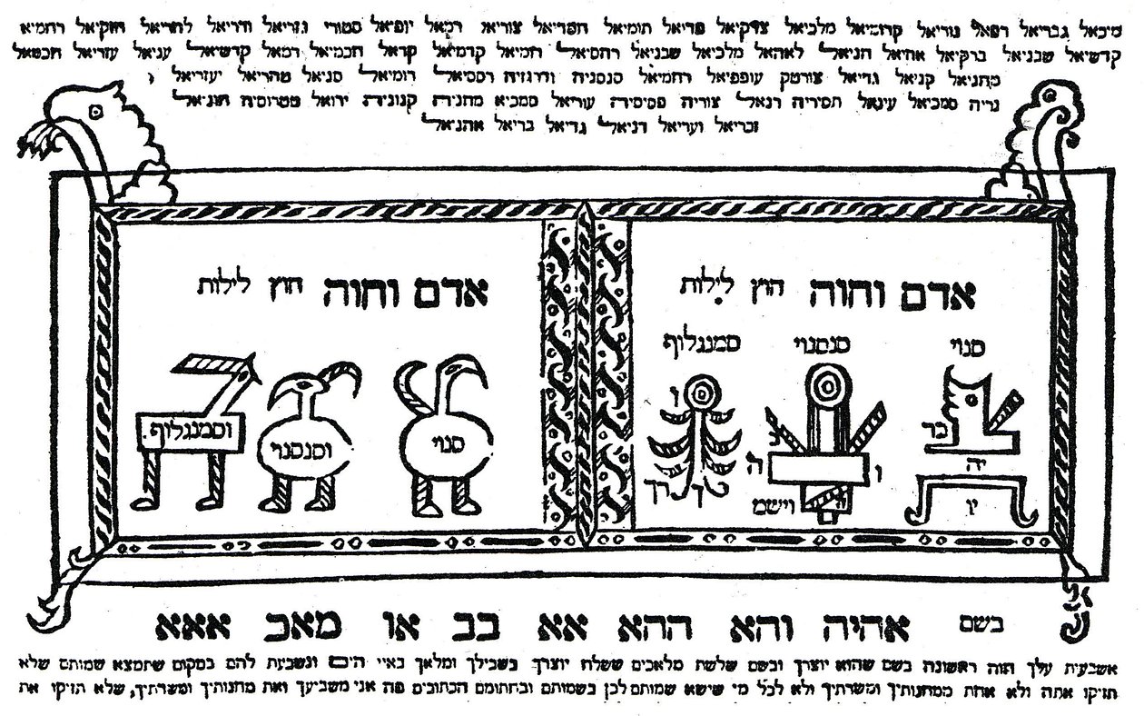 Kabbalistisk amulet brugt til at beskytte moderen under fødslen, illustration fra 