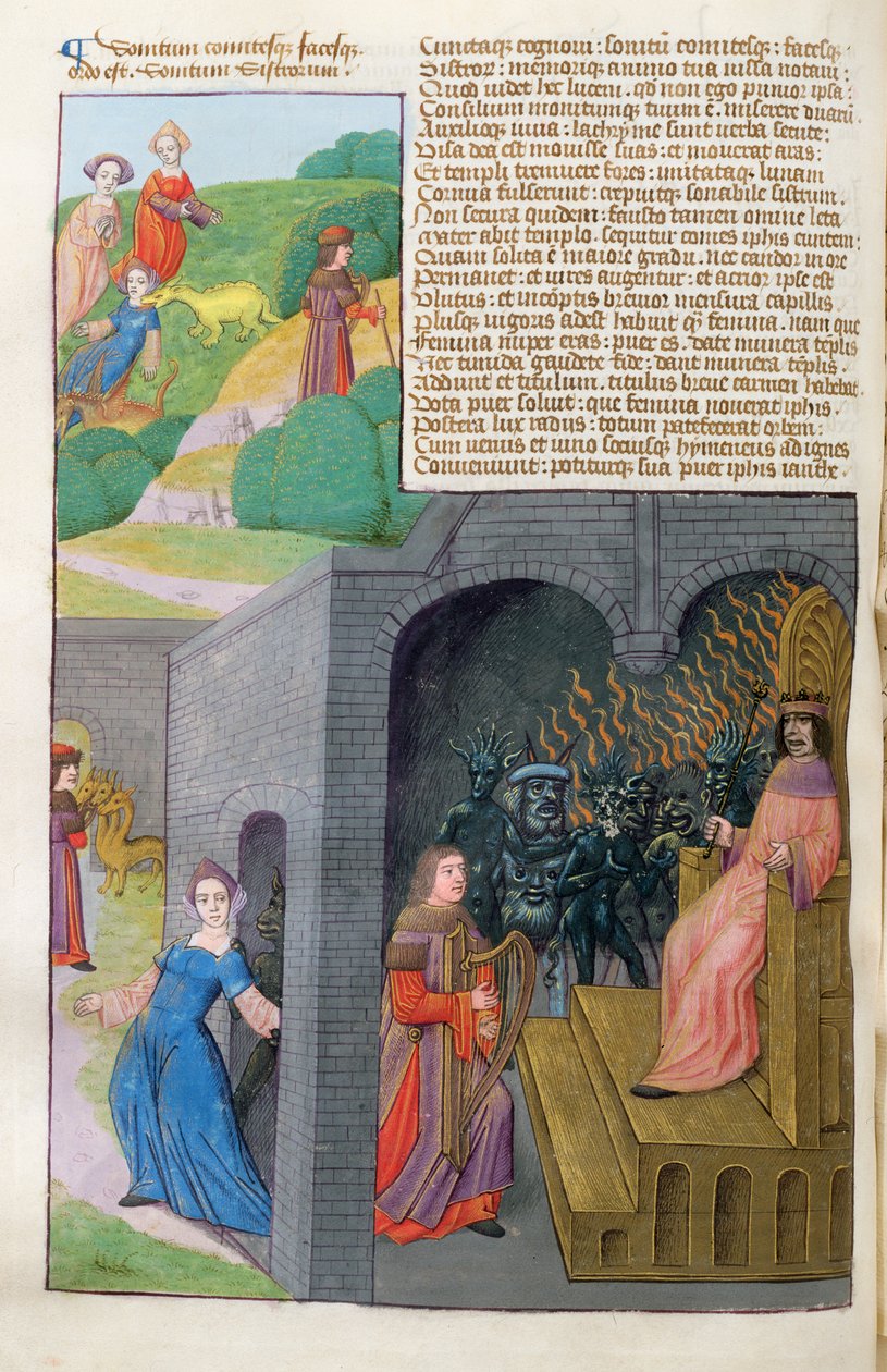 Ms 324 f.101 v. Orpheus og Eurydice, Cerberus og Pluto, fra Metamorphoses 10 af Ovid, 1479 af Netherlandish School