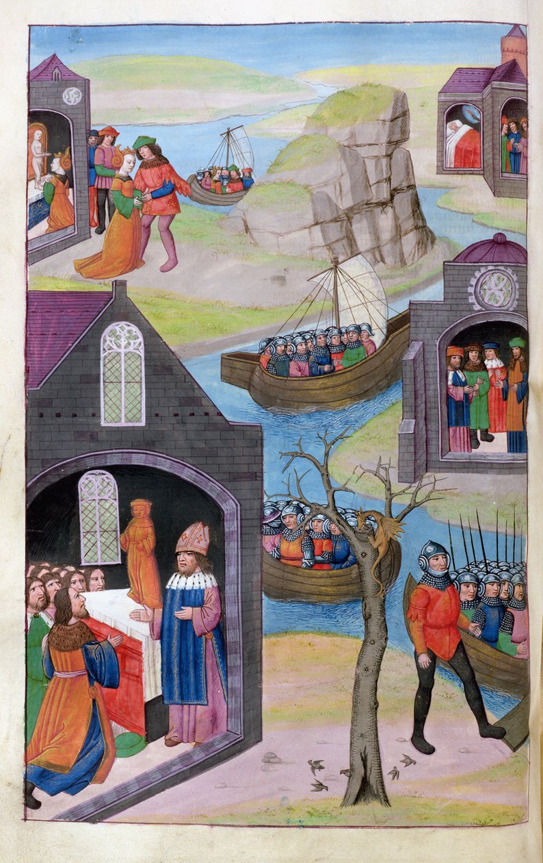 Ms 324 f.118 v. Heenbas drøm. Paris og Helen. Calchas forklarer vidunderbarnet fra Metamorphoses 12 af Ovid, 1479 af Netherlandish School