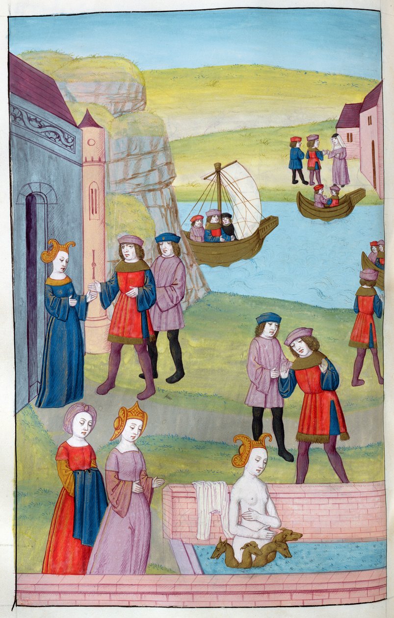 Ms 324 f.137 v. Scylla afviser Glaucus, Circes kærlighedsdrik deformerer Scylla, fra Metamorphoses 14 af Ovid, 1479 af Netherlandish School