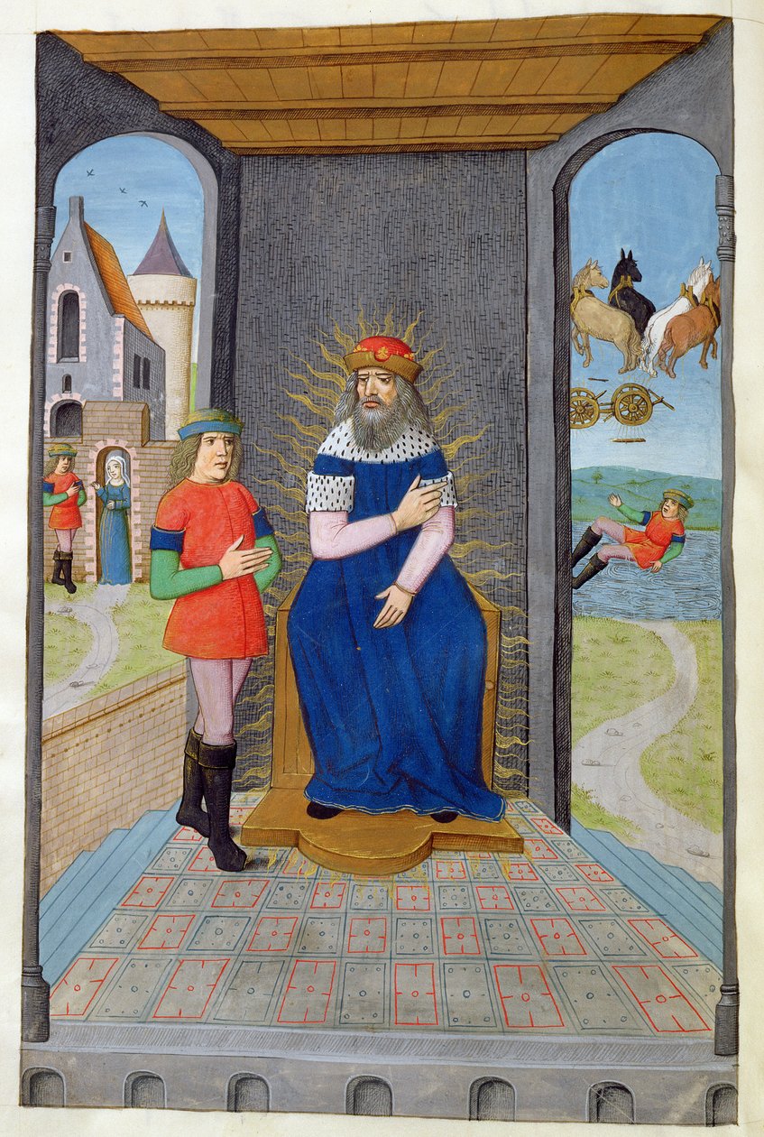 Ms 324 f.25 v. Phaeton låner en vogn af sin far og bliver dræbt, fra Metamorphoses 2 af Ovid, 1479 af Netherlandish School