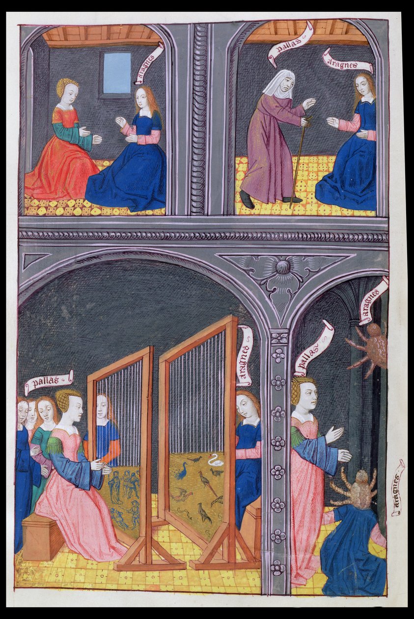 Ms 324 f.62 v. Arachne udfordrer Pallas og bliver en edderkop, fra Metamorphoses 6 af Ovid, 1479 af Netherlandish School