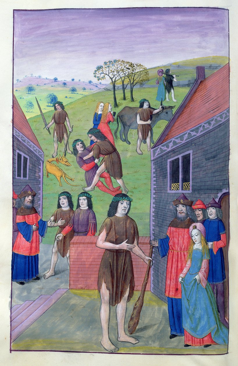 Ms 324 f.91 v. Hercules kæmper mod Achelous og tager tyren ved hornet, 1479 af Netherlandish School