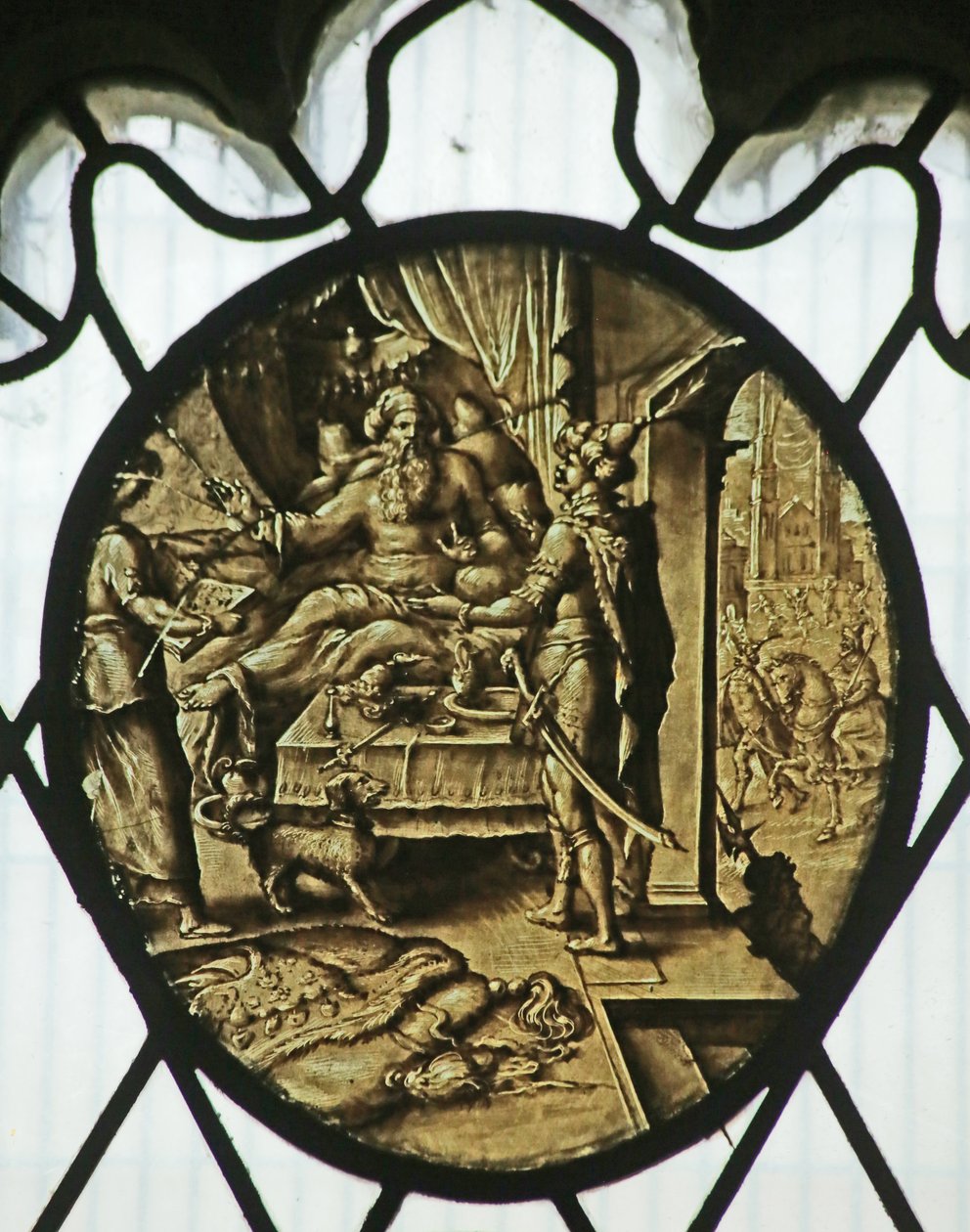 Roundel: Kong Ahasverus med Haman (Esters Bog) af Netherlandish School