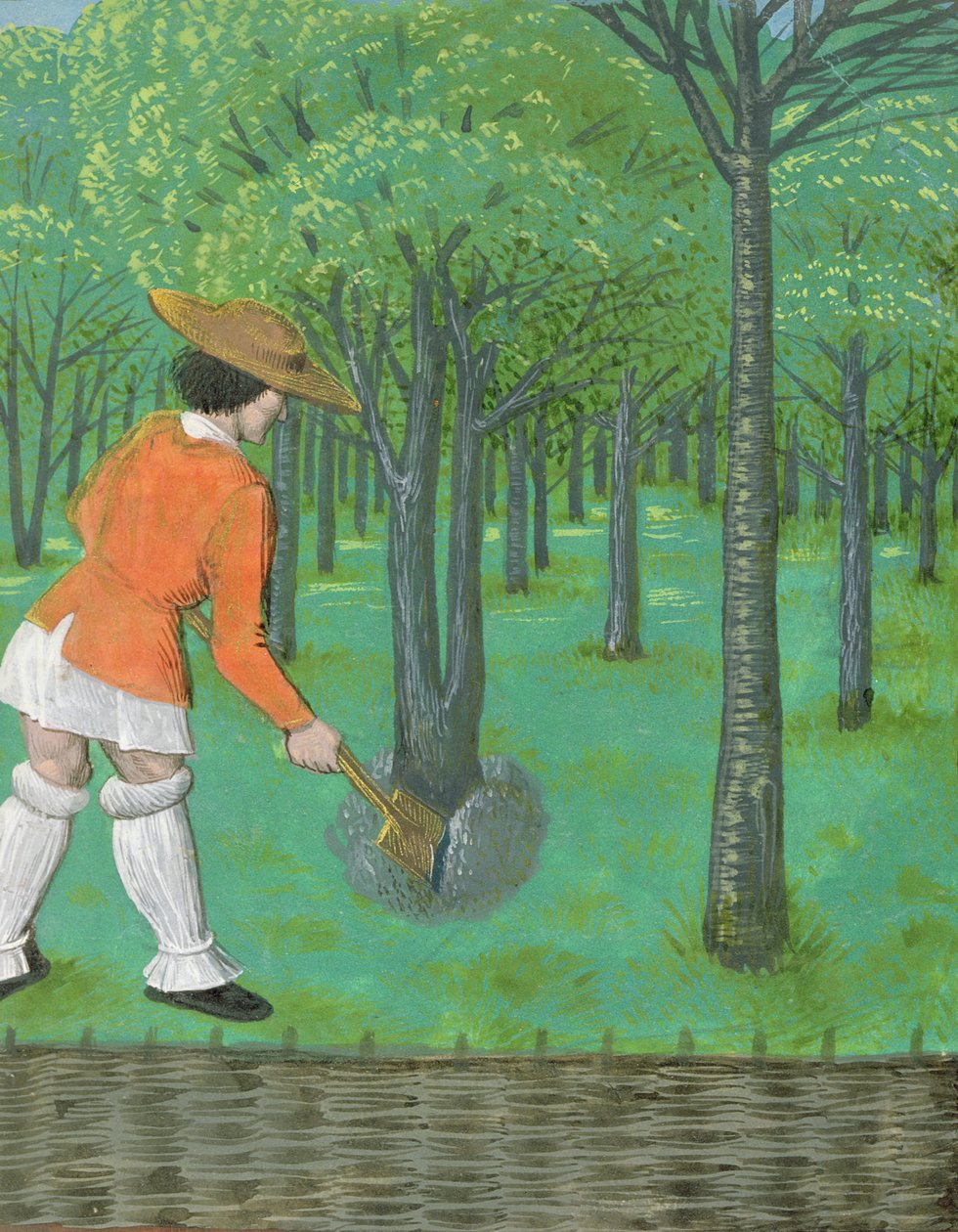 Roy 14 E VI f.28 Mand med en spade i en frugthave, fra 