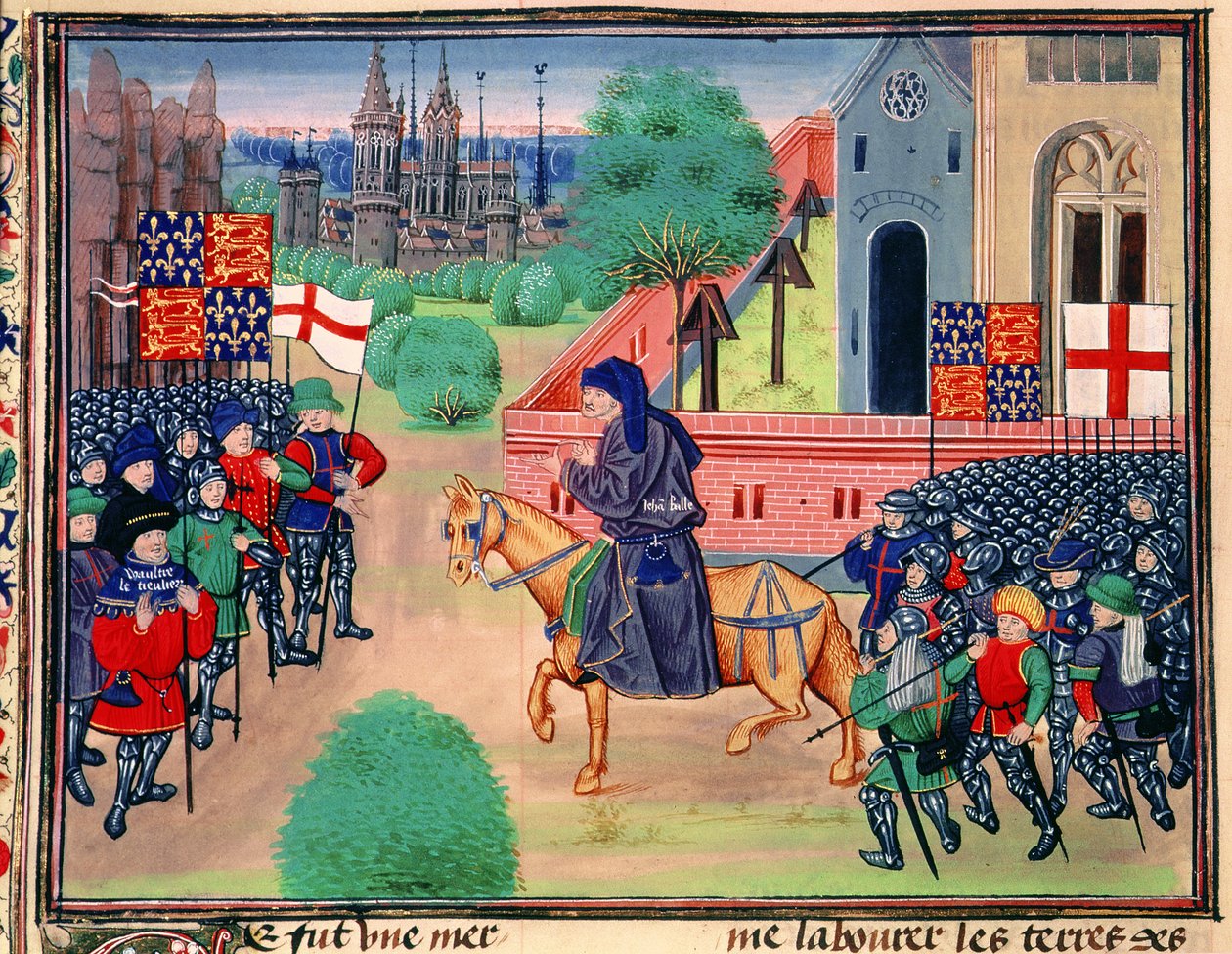Roy 18 E I f.165v Bondeoprør, der viser fanerne fra England og St. George, John Ball vist i spidsen for oprørerne, illustration fra 