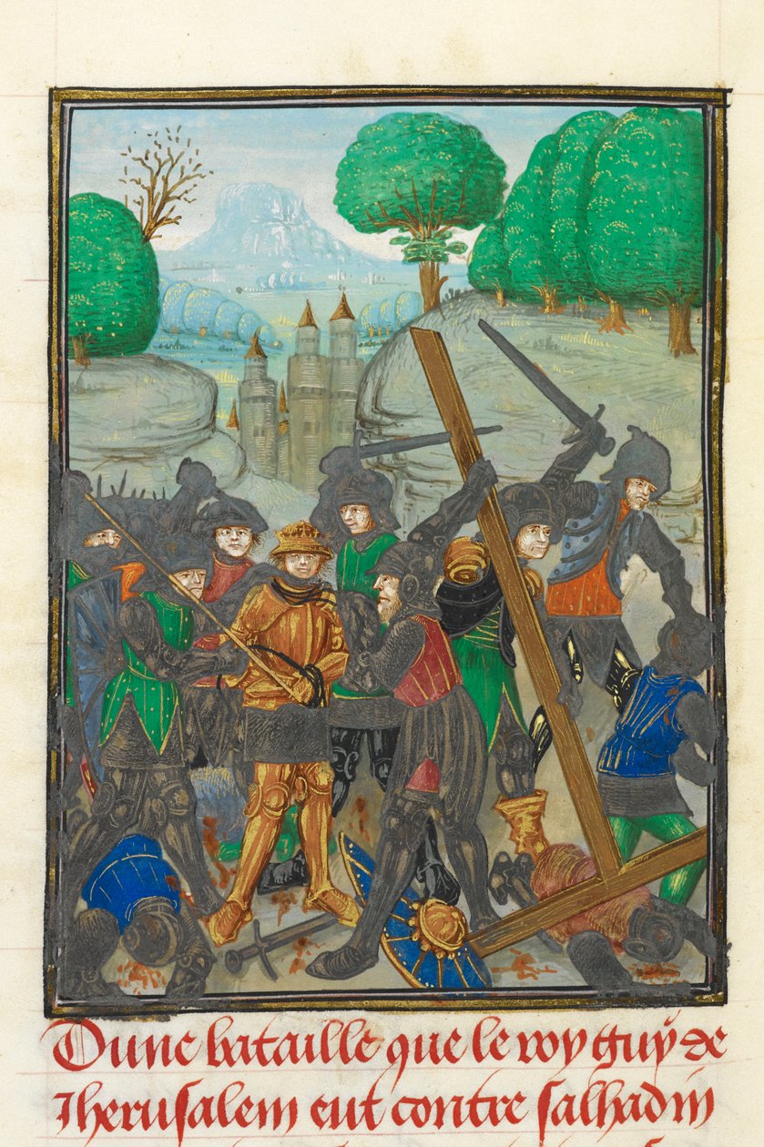 Royal 15 E.I, f.433v Guy de Lusignans nederlag og tabet af det hellige kors, illustration fra 