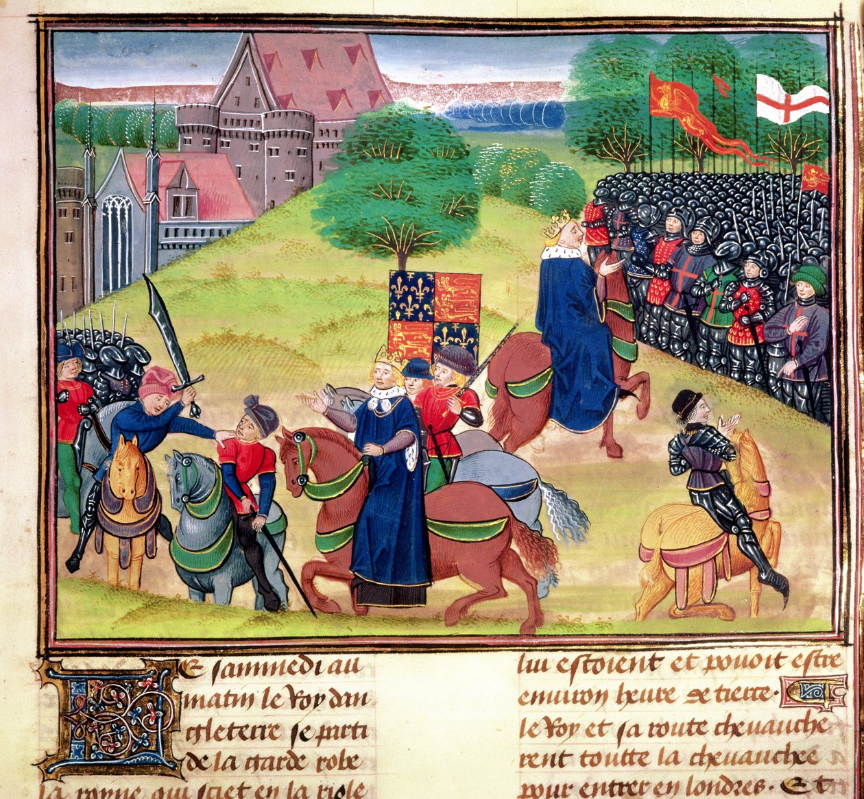 Royal 18 E.1, F.175 Wat Tylers død i Smithfield, London, i 1381 under bondeoprøret, illustration fra 