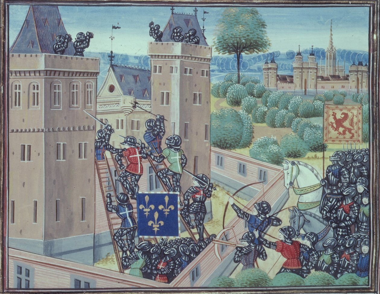 Royal 18 E.1 Fol.345 Opfangningen af Wark Castle af franskmændene og skotterne fra bog II af 