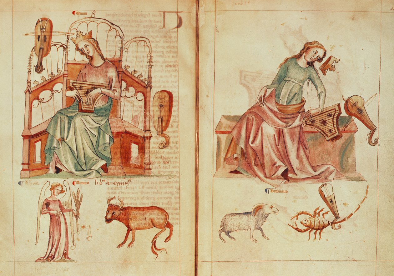 Sloane MS 3983 fol.42v-43 Venus, der spiller et instrument med sine herskende tegn og til skade, fra 