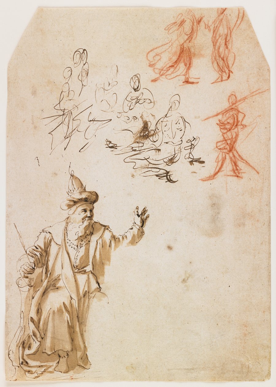 Studie af en gammeltestamentlig profet og andre figurstudier (recto); Studie af en mandsfigur med et reb (verso) (pen & brun blæk & vask, rød & sort kridt) af Netherlandish School