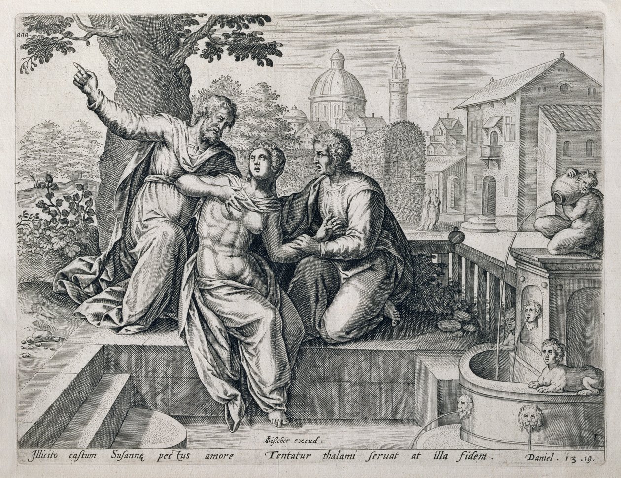 Susanna and the Elders, fra en serie, der illustrerer scener fra The Bible, pub. af Claes Jansz Visscher (c.1550-c.1612) c.1590 af Netherlandish School
