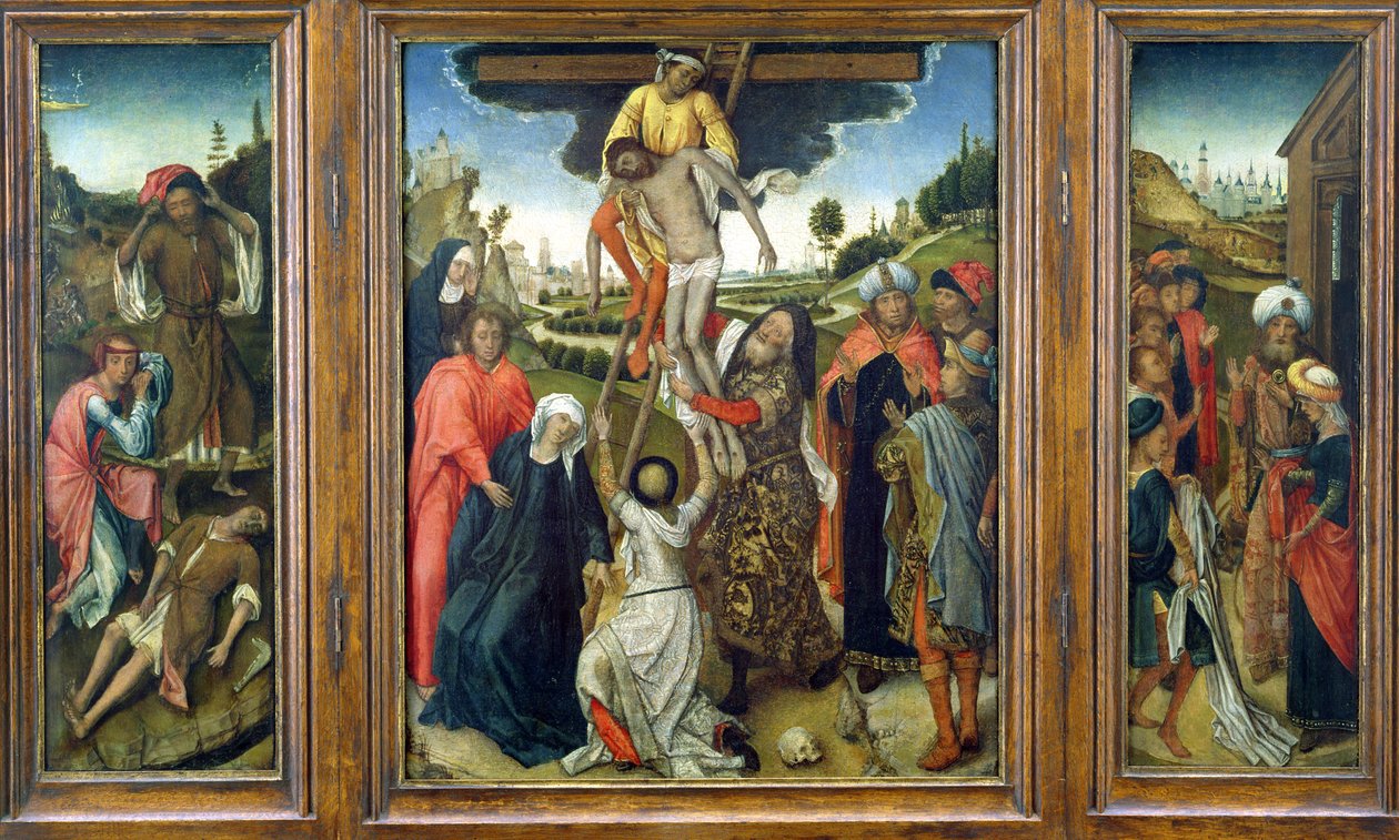 Aflejringen, flankeret af (L) Adam og Eva Mourning Abel og (R) Josephs frakke vist til Jakob, triptykon, ca. 1470 (panel) af Netherlandish School