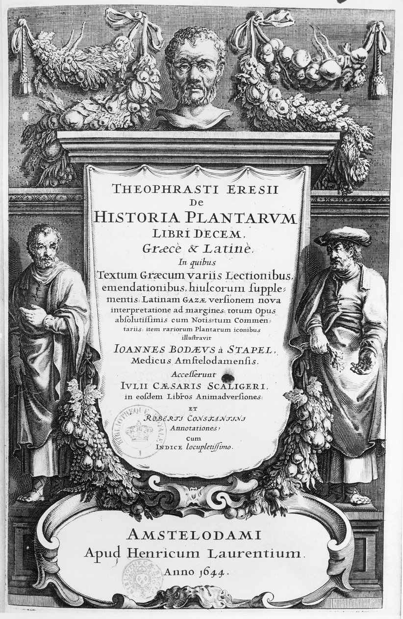 Titelblad til Historia Plantarum Libri Ten af ​​Theophrastus (ca. 372-c.287 f.Kr.) udgivet i Amsterdam i 1644 af Netherlandish School