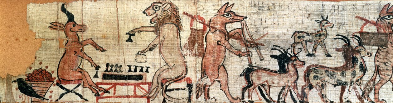 Den satiriske papyrus, detalje fra venstre side, der viser en løve og en antilope, der spiller senet-spillet, fra Theben, ca. 1100 f.Kr. (se også 85722) af New Kingdom Egyptian