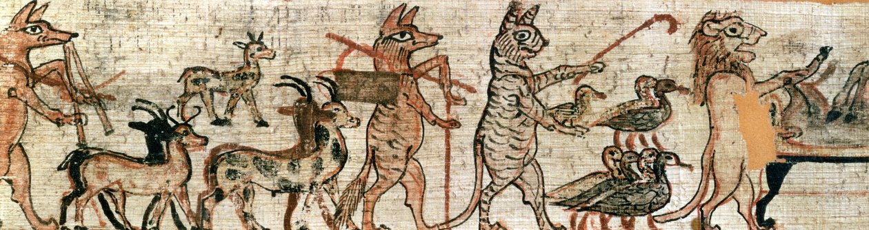 Den satiriske papyrus, detalje fra højre side af en kat, der hyrer gæs og en løve, der mumificerer et æsel, fra Theben, ca. 1100 f.Kr. (se også 85721) af New Kingdom Egyptian