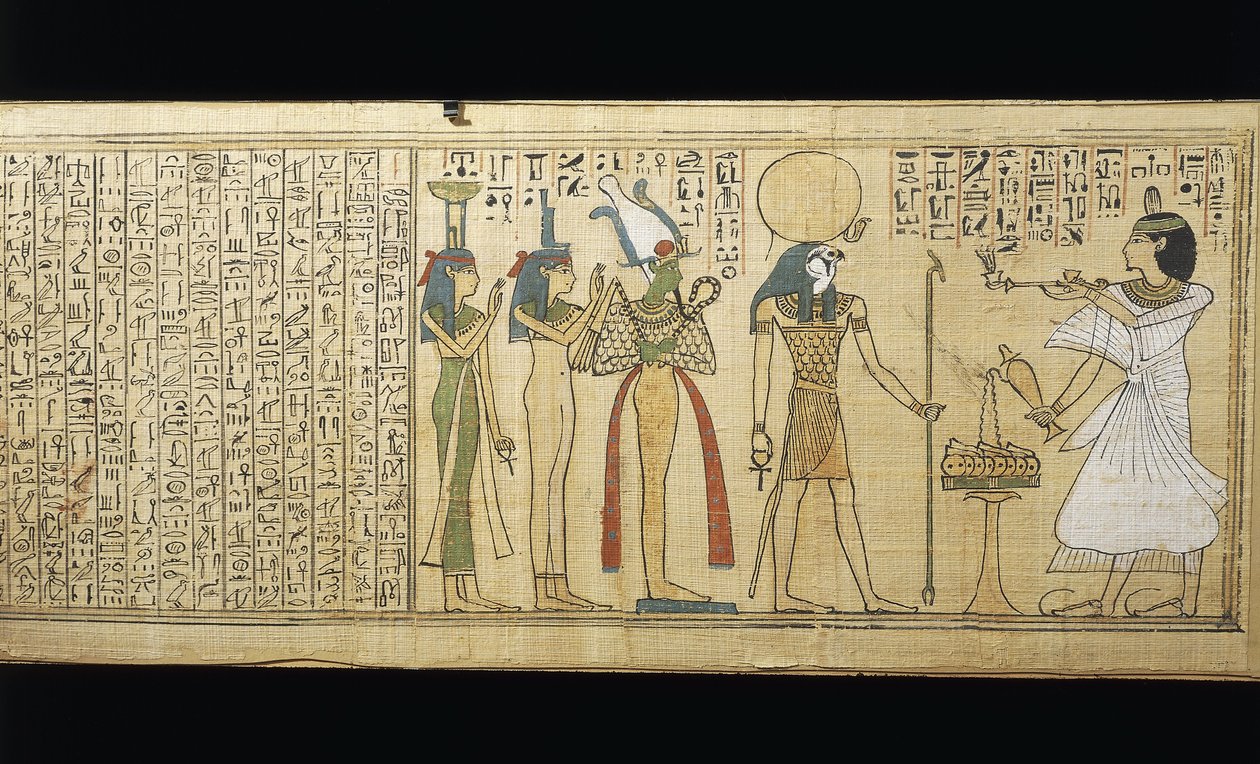Khonsumesin papyrus, kuolleiden kirja, joka uhrasi Osirikselle, Isikselle ja Nephthykselle, kolmas välikausi af New Kingdom Egyptian